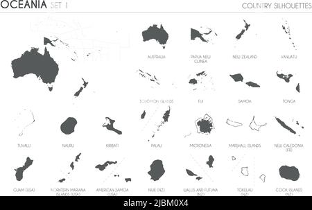 Set aus 22 detailreichen Silhouettenkarten der ozeanischen Länder und Territorien sowie Vektorgrafik auf der Karte von Ozeanien. Stock Vektor