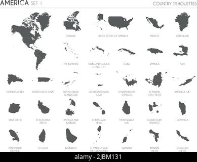 Set aus 30 detailreichen Silhouettenkarten amerikanischer Länder und Gebiete sowie Vektordarstellung der amerikanischen Karte. Stock Vektor