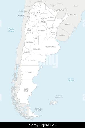 Vektor-Karte von Argentinien mit Provinzen oder föderierten Staaten und Verwaltungseinheiten, und benachbarten Ländern und Territorien. Editierbar und clea Stock Vektor