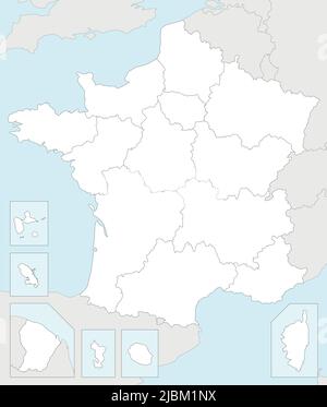Vektor leere Karte von Frankreich mit Regionen und Territorien und Verwaltungsabteilungen, und Nachbarländer. Editierbare und klar beschriftete Ebenen. Stock Vektor