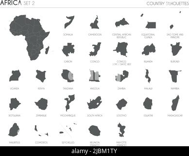 Set aus 29 detailreichen Silhouettenkarten afrikanischer Länder und Territorien sowie Vektorgrafik Karte Afrikas. Stock Vektor