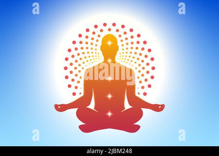 Meditierender Yoga-Mann in einer Lotuspose mit einem runden, ornamentalen Sonnenhalo auf blauem Himmel. Meditation, spirituelle, Entspannung Vektor Hintergrund. Stock Vektor