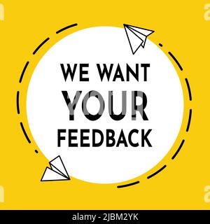 Wir möchten, dass Ihr Feedback-Banner auf der Blase mit fliegenden Origami-Flugzeugen geschrieben wird. Werbeschild. Papierflugzeuge fliegen im Kreis als Symbol für Stock Vektor