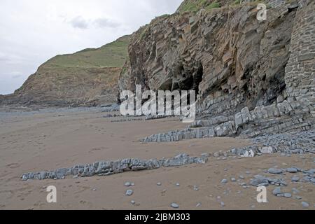 Dramatische Verwerfungen und Faltungen in Klippen an der Welcombe Bay North Devon Stockfoto