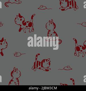 Seamless vector pattern with playful cat on grey background. Cute animal sketch wallpaper design. Decorative kitten fashion textile. Stock Vektor