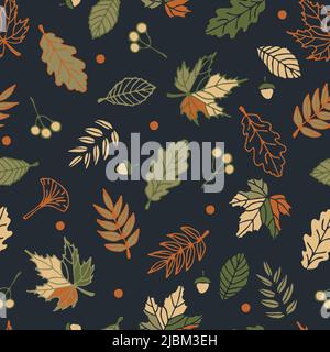 Nahtloses Vektor-Muster mit Herbstblättern auf dunkelgrauem Hintergrund. Einfache saisonale Wald Tapete Design. Dekorative Laub Mode Textil. Stock Vektor