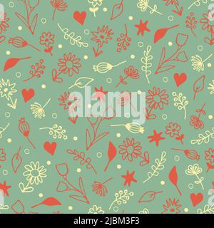 Nahtloses Vektor-Muster mit kleinen Blumen auf pastellgrünem Hintergrund. Schlichtes sommerliches florales Tapetendesign. Romantische Wildblumen Mode Textil. Stock Vektor