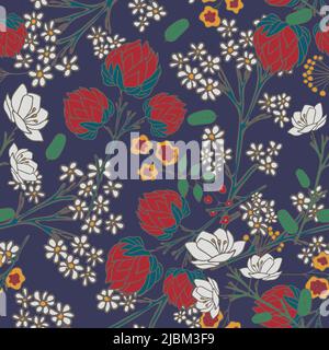 Nahtloses Vektor-Muster mit Blumen auf blauem Hintergrund. Vintage florales Tapetendesign. Romantische Blumenwiese Mode Textil. Stock Vektor