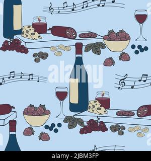 Nahtloses Vektormuster mit Teller mit Speisen und Wein auf blauem Hintergrund. Einfaches Relax Tapetendesign. Dekorative Snack-Mode Textil. Stock Vektor