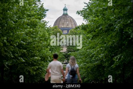 07. Juni 2022, Sachsen-Anhalt, Dessau-Roßlau: Das Grün der Bäume umrahmt die Kuppel des Mausoleums in Dessau-Roßlau. Der Kuppelbau im Hochrenaissance-Stil war bis 1958 die Grabstätte der Herzöge von Anhalt. Foto: Hendrik Schmidt/dpa/ZB Stockfoto