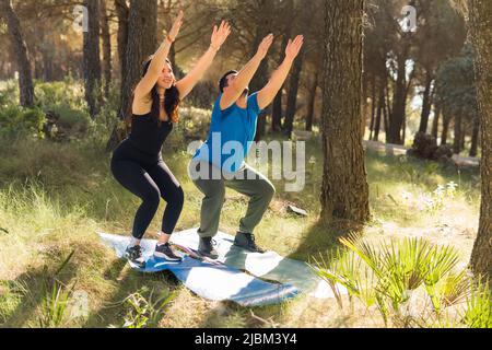 Junge Erwachsene üben gemeinsam Yoga an einem sonnigen Morgen in einem Wald Stockfoto