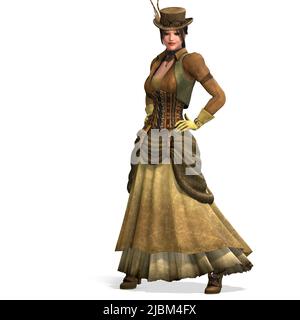 3D-Illustration eines Steampunk-Mädchens mit viktorianischem Kleid Stockfoto