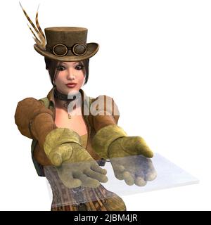 3D-Illustration eines Steampunk-Mädchens mit viktorianischem Kleid Stockfoto