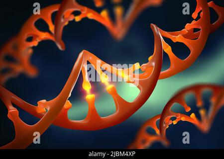 DNA-Molekül. Genetische Veränderung. Untersuchung der Struktur des menschlichen Genoms. 3D Illustration zur Biotechnologie Stockfoto