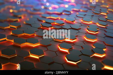 Leuchtende Sechsecke in abstrakter technologischer 3D-Illustration. Das Konzept eines Quantencomputers. Rechner der Zukunft auf globaler Ebene Stockfoto