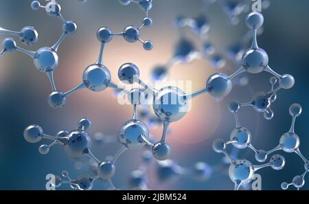 Abstraktes Molekülmodell. Wissenschaftliche Forschung in der molekularen Chemie. 3D Abbildung auf blauem Hintergrund Stockfoto