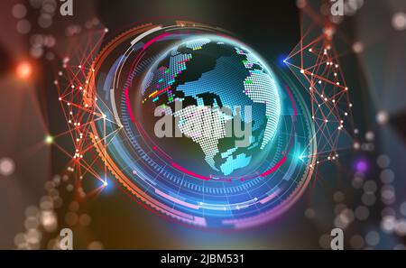 HUD. Big-Data-Konzept. Cyberspace-Planet. Globale Kommunikation. 3D Abbildung auf einem bunten Hintergrund Stockfoto