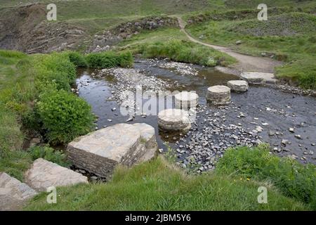 Stepping Stones acrossss Stream in Widemouth oder Welcombe Bay Hartland Peninsula Devon UK Stockfoto