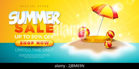 Sommer Sale Design mit Bühne Podium, Sonnenschirm und Beach Ball auf tropischen Sandy Island Hintergrund. Tropische Business Vektor Illustration mit Stock Vektor