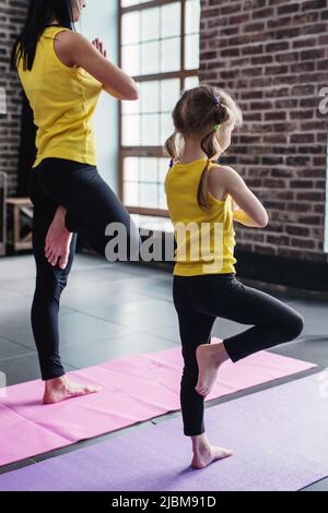 Mutter und Tochter praktizieren zusammen Yoga und meditieren auf einem Bein stehend mit den Händen im Gebet. Stockfoto