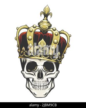 Farbenfrohes Tattoo von Skull in Einer Königskrone auf Weiß isoliert. Vektorgrafik. Stock Vektor