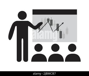 Der technische Trader analysiert den Aktienchart. Geschäftsmann, der Präsentationen und professionelle Schulungen zum Thema Marketing macht. Flache Abbildung des Stock Vektor