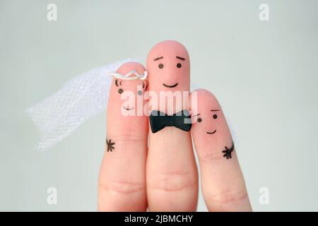 Finger Kunst des glücklichen Paares zu heiraten. Das Konzept von Stiefsohn ist Freude über die Hochzeit. Stockfoto