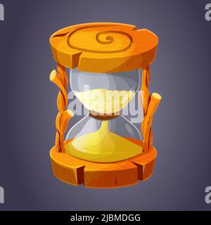 Sanduhr aus Holz, Asset mit Glas und Sand, Sandglas oder Stoppuhr im Cartoon-Stil. UI-Spieldekoration. . Vektorgrafik Stock Vektor