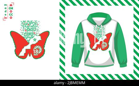 Rote und grüne Kappen isoliert. Logo made in morocco plus Arabeske Form gedruckt für Kleidung. Marokkanische Flagge. Vektorgrafik. Isoliertes Logo Stock Vektor