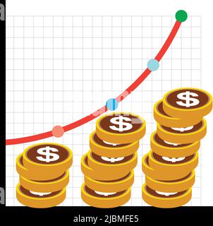 Dollar-Münze und Grafik Diagramm Wachstumsdiagramm. Unternehmenswachstum und Aktienmarktdiagramm Stock Vektor