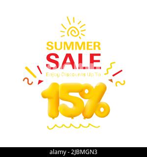 Sonderangebot 15% Rabatt 3D Nummer Gelb Tag Gutschein Vektor Illustration. Rabatt Saison Label 15 % Rabatt Werbung Sommer Verkauf Gutschein Promo Marketing Banner Urlaub Wochenende Stock Vektor