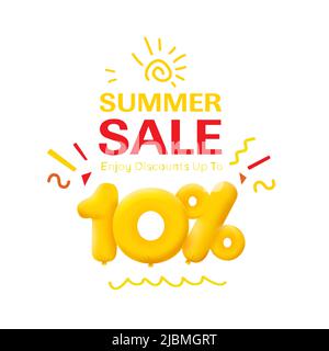 Sonderangebot 10% Rabatt 3D Nummer Gelb Tag Gutschein Vektor Illustration. Rabatt Saison Label 10 % Rabatt Werbung Sommer Verkauf Gutschein Promo Marketing Banner Urlaub Wochenende Stock Vektor