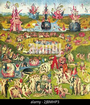 „Der Garten der irdischen Freuden“. Gemälde von Hieronymus Bosch. Zentrale Verkleidung aus Triptychon. Madrid, Prado. Stockfoto