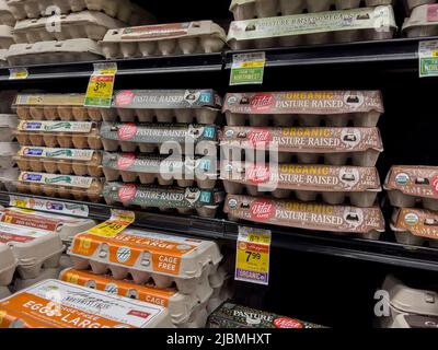 Woodinville, WA USA - ca. Mai 2022: Schräge Ansicht einer Vielzahl von Eiern zum Verkauf in einem frischen Haggen Northwest Lebensmittelgeschäft. Stockfoto