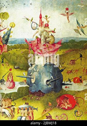 „Der Garten der irdischen Freuden“. Detail aus der zentralen Verkleidung des Triptychons. Gemälde von Hieronymus Bosch. Madrid, Prado. Stockfoto