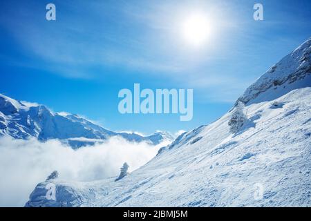 Berge mit Wolken unten, Sonne und schneebedeckten Büschen Stockfoto