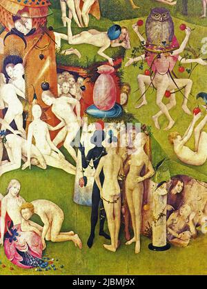 „Der Garten der irdischen Freuden“. Detail aus der zentralen Verkleidung des Triptychons. Gemälde von Hieronymus Bosch. Madrid, Prado. Stockfoto