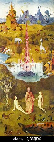 'The Garden of Eden' linker Flügel des Triptychons. „Der Garten der irdischen Freuden“. Gemälde von Hieronymus Bosch. Madrid, Prado. Stockfoto