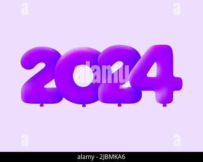Lila 3D Zahl 2024 Ballon realistisch 3D Helium Lila Ballons. Vektor-Illustration-Design Party-Dekoration, Geburtstag, Jahrestag, Weihnachten, Weihnachten, Neujahr, Urlaub Verkauf, Feier, Karneval Stock Vektor