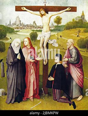 „Christus am Kreuz, mit der Jungfrau und dem hl. Johannes und einem knienden Spender mit seinem Schutzheiligen, dem hl. Petrus. Gemälde von Hieronymus Bosch. Brüssel, Musee Stockfoto