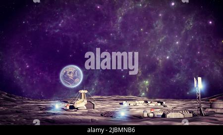 Lunar Base, räumliche Außenposten. Erste Siedlung auf dem Mond. Raumfahrtmissionen. Wohn Module, die für die Eroberung des Weltraums. Die Erde vom Mond aus gesehen Stockfoto