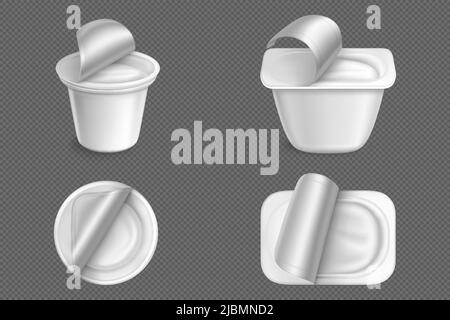 Öffnen Sie die Kunststoffbehälter für Joghurt vor und von oben. Vector realistische 3D Mockup von weißen Tassen mit Joghurt oder Milchprodukt und Foliendeckel isoliert Stock Vektor