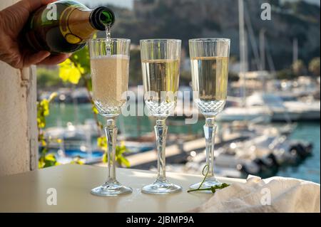 Drei Gläser französischen Champagner-Sekt und Blick auf bunte Fischerboote im alten Hafen von Cassis, Provence, Frankreich, Sommer Stockfoto