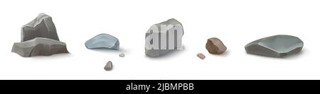 Bergfelsen, Steine, Kieselsteine oder Felsbrocken, natürliche Designelemente, geologische Materialien mit realistischer Textur. Felsige Stücke in verschiedenen Formen A Stock Vektor