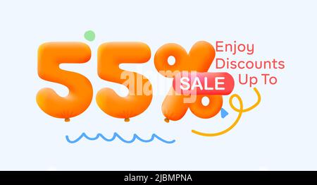 Sonderangebot 55% Rabatt 3D Nummer Gelb Tag Gutschein Vektor Illustration. Rabatt Saison Label 55 % Rabatt Werbung Sommer Verkauf Gutschein Promo Marketing Banner Urlaub Wochenende Stock Vektor