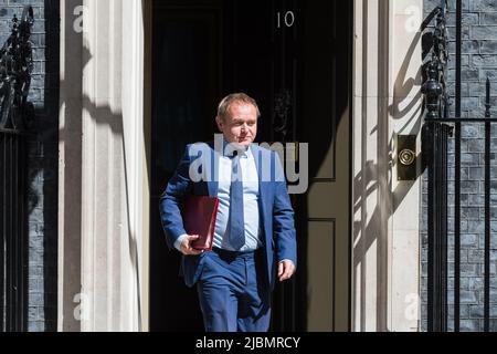 London, Großbritannien. 07.. Juni 2022. George Eustice, Staatssekretär für Umwelt, Ernährung und Angelegenheiten des ländlichen Raums, verlässt die Downing Street, nachdem er an der wöchentlichen Kabinettssitzung teilgenommen hat. Gestern hat der britische Premierminister Boris Johnson die Unterstützung von 211 Abgeordneten der Konservativen Partei während einer Vertrauensabstimmung gewonnen, bei der 148 Abgeordnete gegen seine Führung stimmten, nachdem die Wahl nach der Veröffentlichung von Frau Grays Bericht in Covid-Sperrparteien in der Downing Street ausgelöst wurde. Quelle: Wiktor Szymanowicz/Alamy Live News Stockfoto