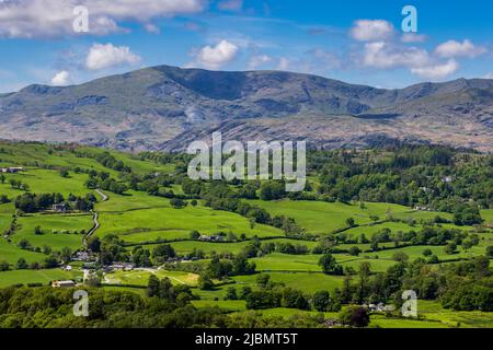 Über das Hawkshead Valley zum „Old man of Coniston“ vom Latterbarrow Summit, Lake District, England Stockfoto