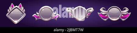 Spiel Silber Award-Etiketten, Trophäe Abzeichen mit Rahmen im mittelalterlichen Stil und rosa dekorative Elemente.Vektor Cartoon Satz von Spiel-Icons verschiedenen Formen, Stock Vektor