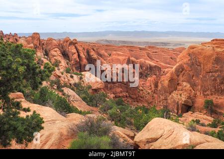 Blick auf den Fin Canyon auf dem Devil's Garden Trail im Arches National Park, Utah, USA. Geologische Sandsteinformationen in der Wüste von Utah. Wandern in Stockfoto