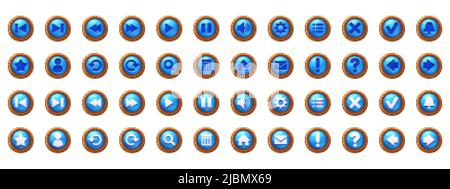 Kreis blaue Tasten mit Holzrahmen und Web-Icons. Vektor-Cartoon-Satz von ui-Elementen für Spiel-Menü oder Website, Zeichen der Suche, Mail, Sound, Stern und Stock Vektor